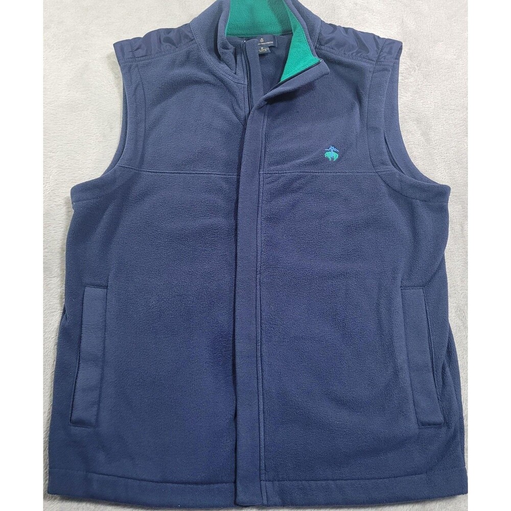 Brooks Brothers Fleece Vest Mens Medium Blue Full Zip Stand Collar Logo Outdoor